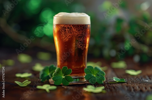 an irish ale is sitting in a glass on top of two green shamrock leaves