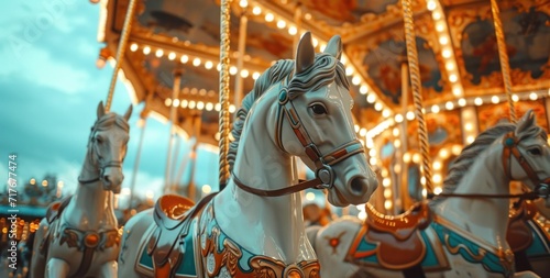 a carousel ride amidst several horses