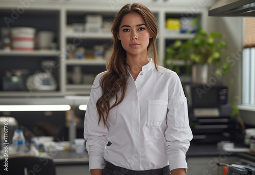 an attractive female scientist standing in a lab