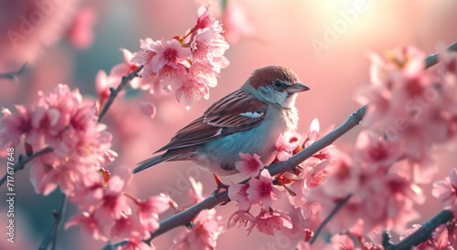 a small bird pecks at a cherry blossom tree