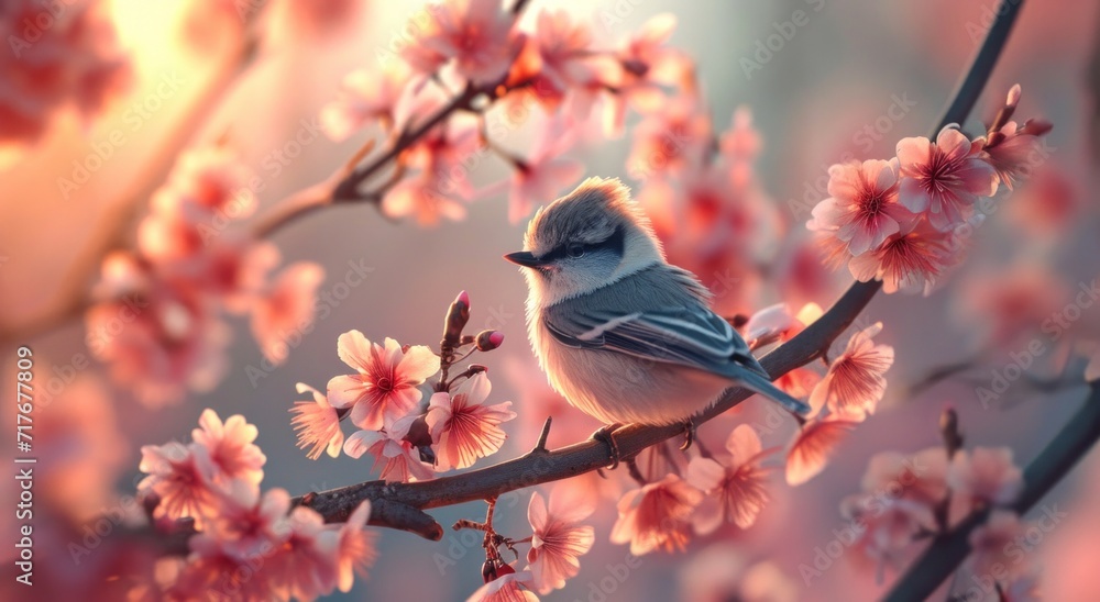 a bird sitting on a branch of a pink tree a bird sitting on a branch of a pink tree