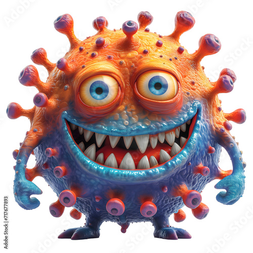 Isolated 3d cartoon bacteria, funny microbe and virus, cute microorganism on a white background. A parody, a caricature. The illustration is isolated on
a transparent background.