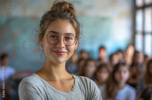 a smiling teacher standing in front of a classroom full of students