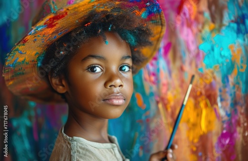 a young boy holding a paint brush in a hat and painting