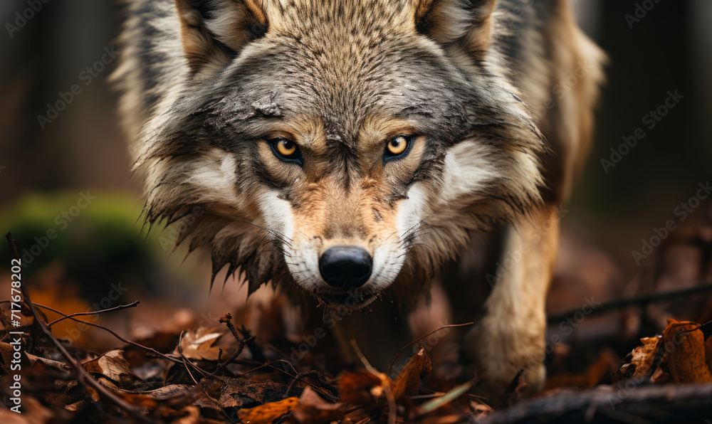 Fototapeta premium Ferocious Grey Wolf Snarling Aggressively in the Forest, Showcasing Wild Predatory Instincts and the Intense Survival Essence of Wildlife