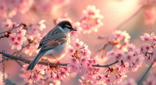 a small bird pecks at a cherry blossom tree