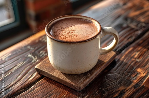 a cup of hot chocolate sitting on a wooden table
