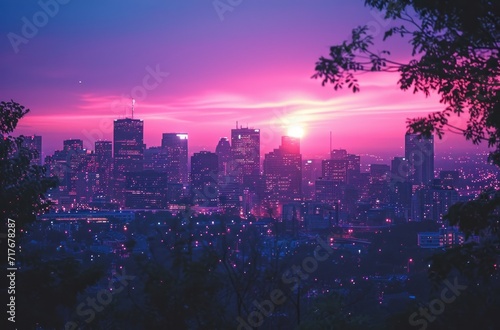 a view of city skyline at dusk on a sunny sunset