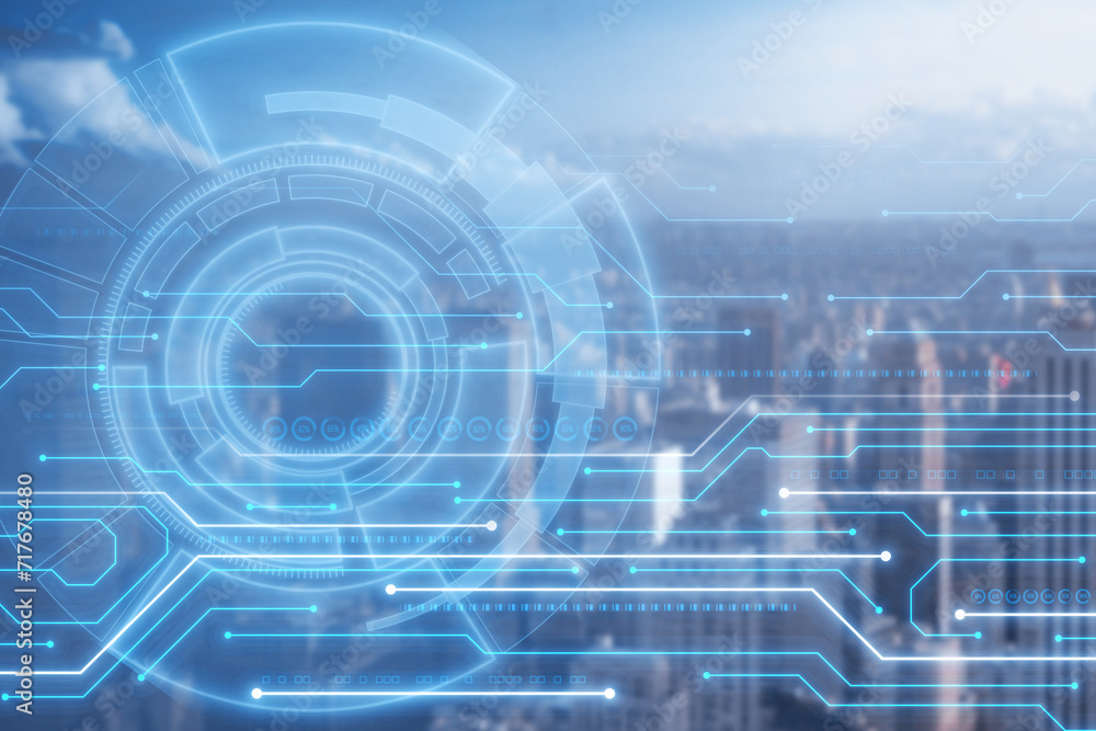 Abstract lines and dots, circles connect blurry city background. Technology connection digital data and big data concept. Double exposure. Abstract lines and dots, circles connect blurry city background. Technology connection digital data and big data concept. Double exposure.
