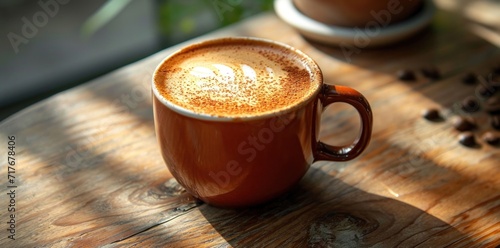 a cappuccino with caramel latte sat on a wooden table