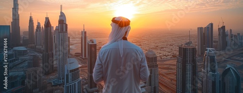 a man's backside looking out over city skyscrapers