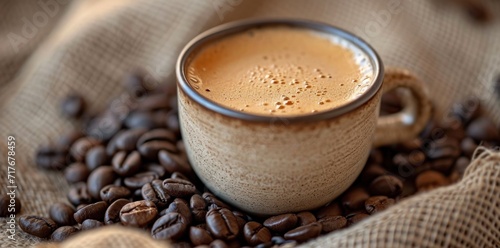 a coffee cup with coffee beans on top