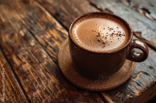 a cup of hot chocolate lies on a wooden table