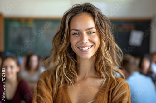 a smiling teacher standing in front of a classroom full of students