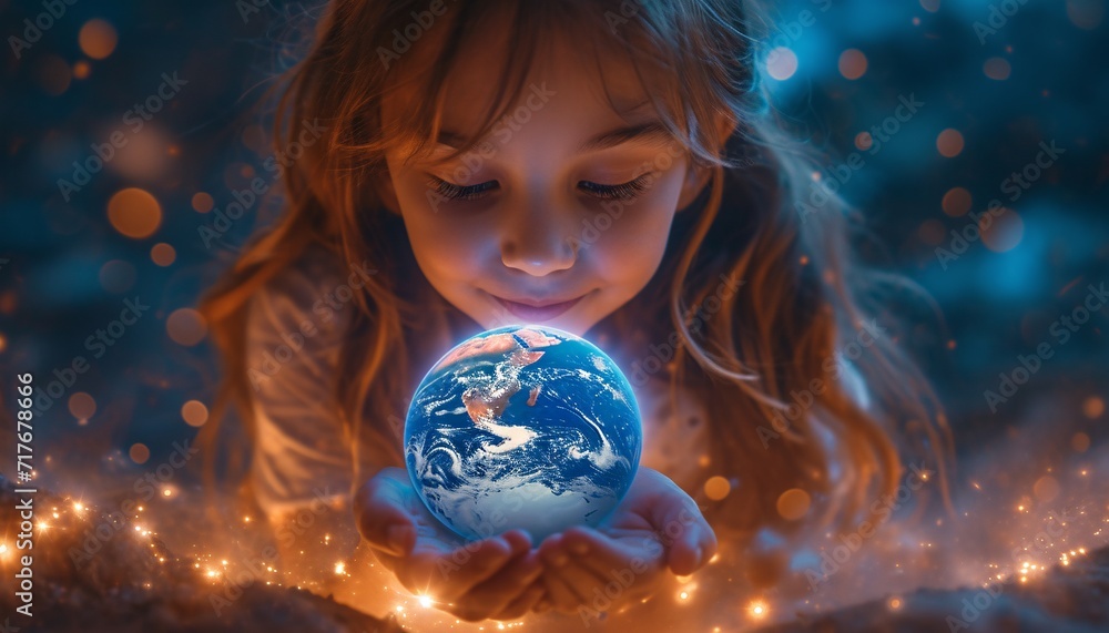 Naklejka premium Eco-Warrior Girl Holds a Glowing Globe: A Celebration of Earth Day Generative AI