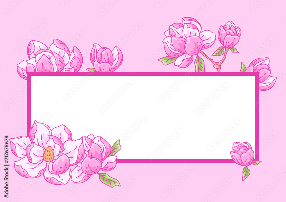 Frame with magnolia flowers. Beautiful decorative plants.