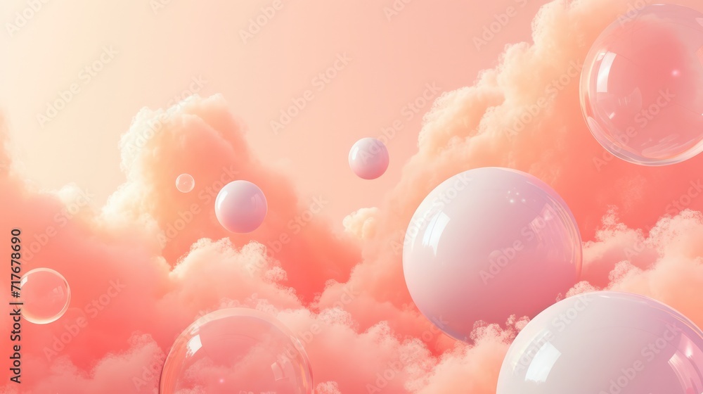 Generative AI, Peach fuzz color of 2024, fantastic 3d clouds on the floor, sky and landscape. Gentle colors and with bright lights..	
