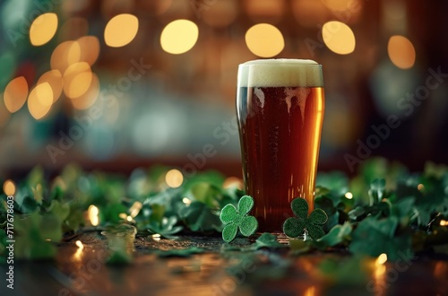 an irish ale is sitting in a glass on top of two green shamrock leaves