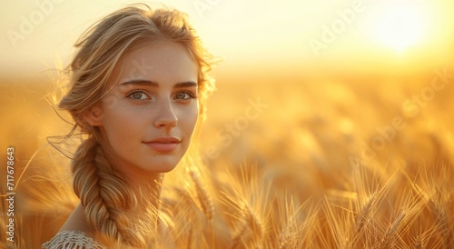 Golden Glow of the Sun on a Blonde Woman in a Field of Wheat Generative AI © Vinod
