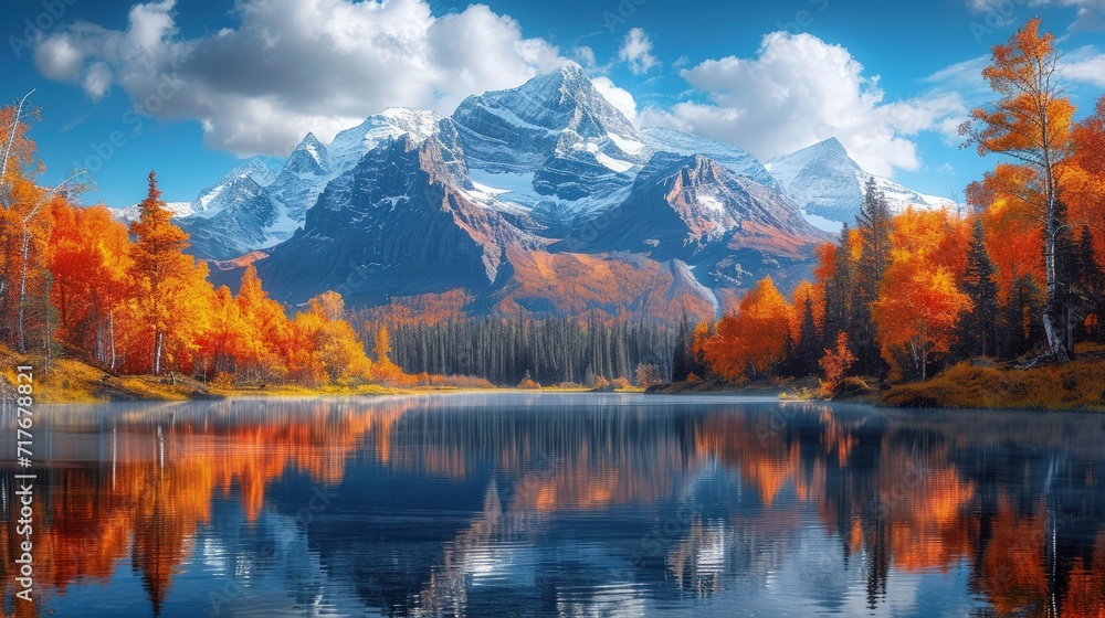 A colorful autumn landscape with mountains and a lake in the foreground.

