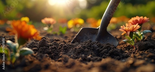 a shovel is plowing in the dirt close to some flowers
