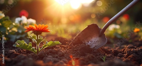 a shovel works in dirt to plant flowers