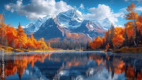 A colorful autumn landscape with mountains and a lake in the foreground. 