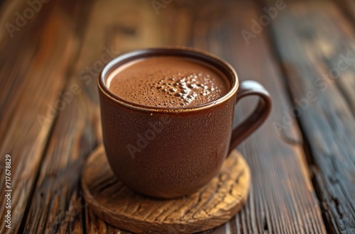 a cup of hot chocolate lies on a wooden table