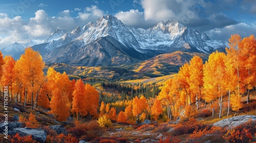 Vibrant autumn landscape with majestic snow mountain and yellow tree 