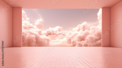 Generative AI, Peach fuzz color of 2024, fantastic 3d clouds on the floor, sky and landscape. Gentle colors and with bright lights..	
