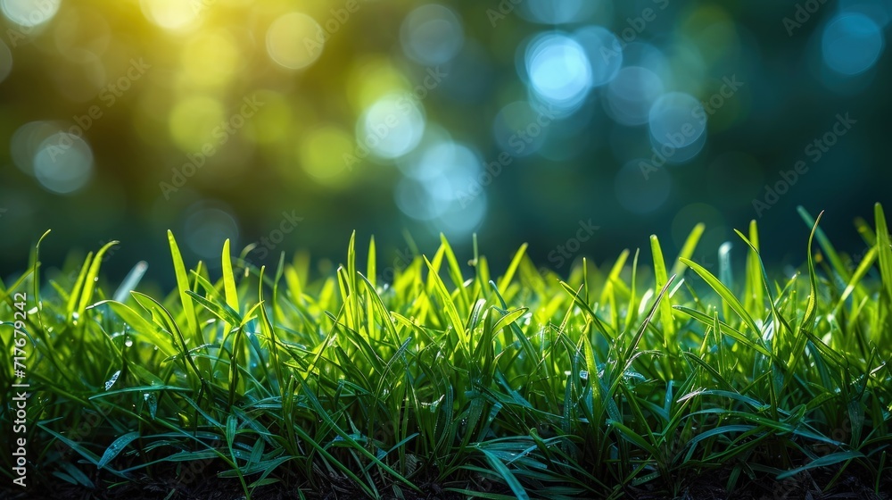 Close up green grass field with blurred bokeh park background
