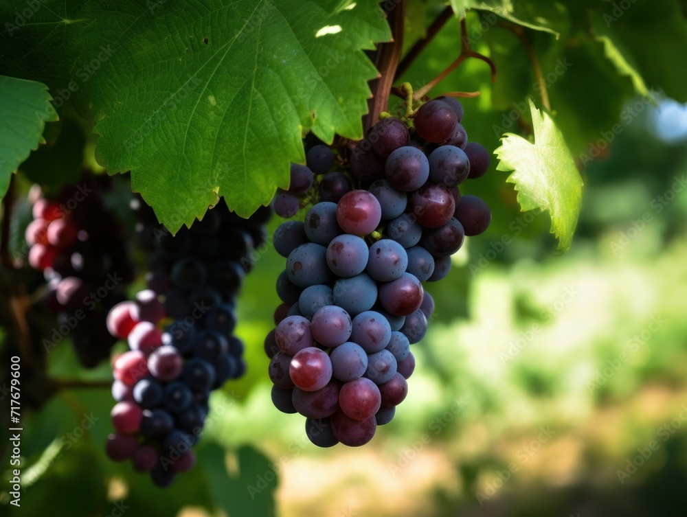 A ripe cluster of red grapes on a vine, surrounded by lush green foliage. Fruit Photography