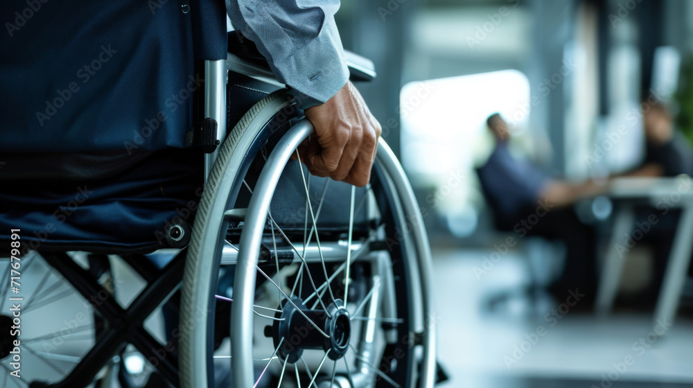 close-up of a person in a wheelchair in an office environment - obrazy, fototapety, plakaty 