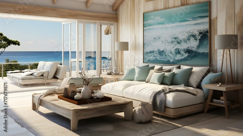 Soft blues, sandy neutrals, and nautical accents evoke a coastal ambiance, offering a peaceful escape by the sea
