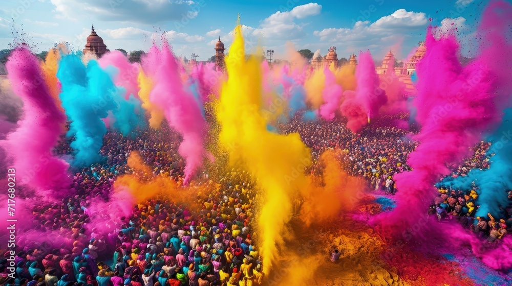 Vibrant burst of colors as people engage in the joyous tradition of throwing colored powders during a Holi celebration
