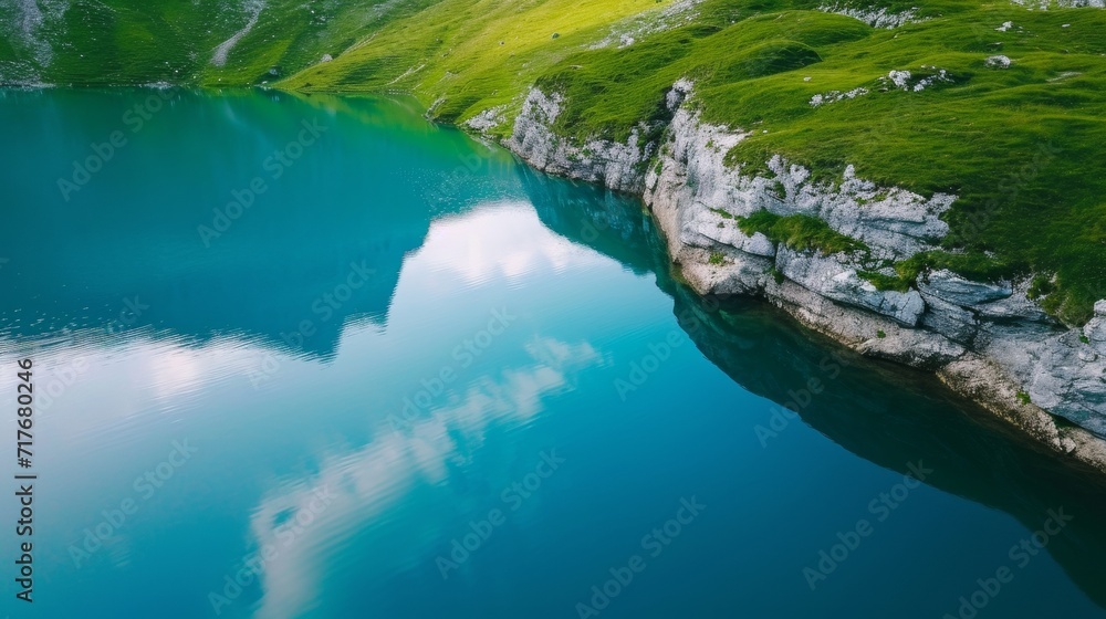Aerial shot of a serene alpine lake with a mirror-like surface background.
