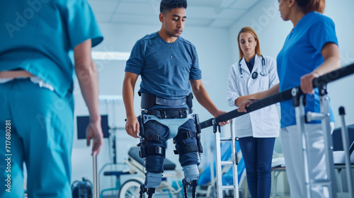 man wearing a robotic exoskeleton for gait training in a clinical setting photo