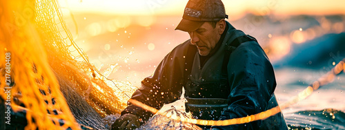 the fisherman pulls out a net with fish. Selective focus.