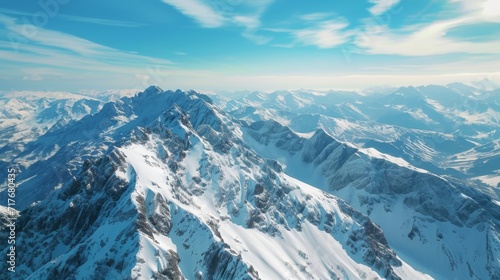 Aerial shot of a snowy mountain range with peaks and valleys background. © furyon