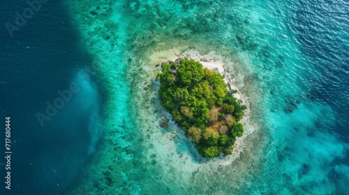 Aerial shot of a vibrant coral island surrounded by turquoise waters background. © furyon