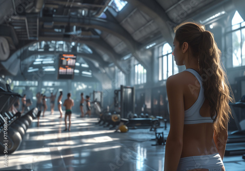 a gym page with people and many different fitness workouts, in the style realistic lifelike figures, full body, portraits with soft lighting, muscular person and another woman, Fitness Series 