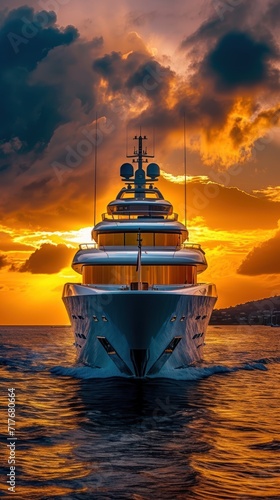 Epitome of luxury, mega yacht, gracefully sailing the ocean under the warm hues of a breathtaking sunset. 