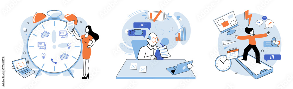 Busy employee vector illustration. The worried employee felt overwhelmed by workload and impending deadlines Working long hours can lead to sense being depressed and troubled Overwork can result Busy employee vector illustration. The worried employee felt overwhelmed by workload and impending deadlines Working long hours can lead to sense being depressed and troubled Overwork can result