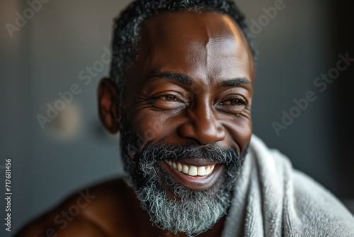 Happy smiling African American handsome bearded middle-aged man with towel in bathroom or spa