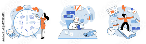 Busy employee vector illustration. The worried employee felt overwhelmed by workload and impending deadlines Working long hours can lead to sense being depressed and troubled Overwork can result