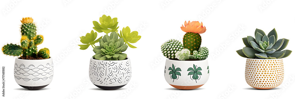 collection Set of different mixed cactus and succulents types of small mini plant in modern ceramic nordic vase pot as furniture cutouts isolated on transparent png background - obrazy, fototapety, plakaty 