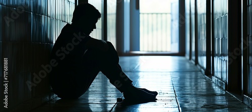 Lonely man silhouette sitting on dark hallway. Psychology unhappy mental health. Generative AI technology. photo