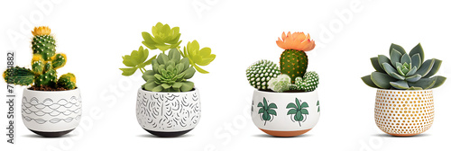 collection Set of different mixed cactus and succulents types of small mini plant in modern ceramic nordic vase pot as furniture cutouts isolated on transparent png background