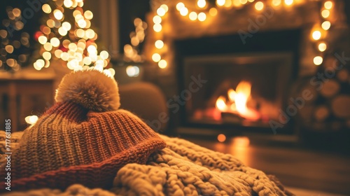 Cozy winter scene with a fireplace and warm lighting background