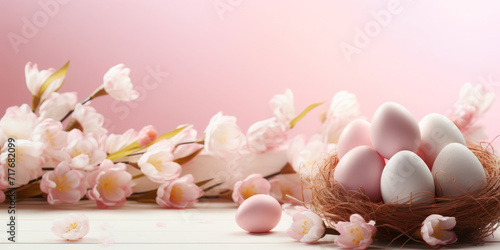 Easter poster and banner template with Easter eggs in the nest and flowers on a pink background.Promotion and shopping template for Easter.Copy Space for text